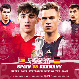 Brunch Fifa World Cup
Spain vs Germany 
Salud Brunch Sat. And Sun. 12-4pm
60 mins of mimosas $20
sangria +$5 (p/p)
You can also order our brunch online, click on our profile link.
#salud #brunch #bushwick #brooklynbraider