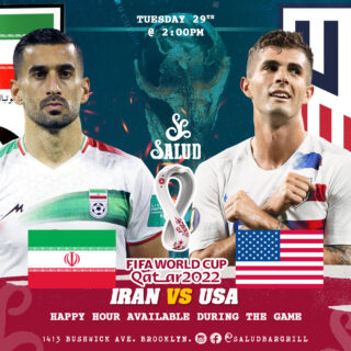Fifa World Cup, Today's games at Salud.
Iran vs Usa and Wales vs England. 2:00pm 
Happy Hour,
#happyhour  #fifaworldcup #soccer #soccer #bushwick #brooklyn #bk